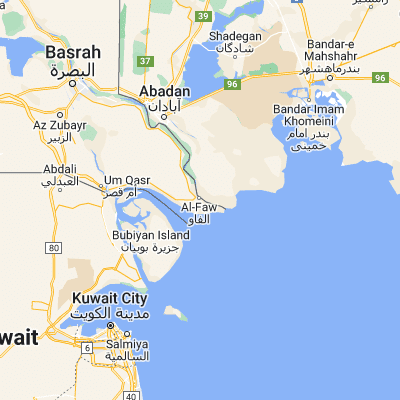 Map showing location of Al Fāw (29.974210, 48.473090)