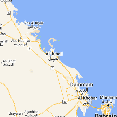 Map showing location of Al Jubayl (27.011220, 49.658260)