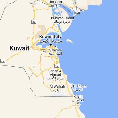 Map showing location of Al Mahbūlah (29.145000, 48.130280)