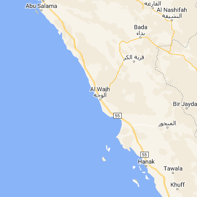 Map showing location of Al Wajh (26.245510, 36.452480)