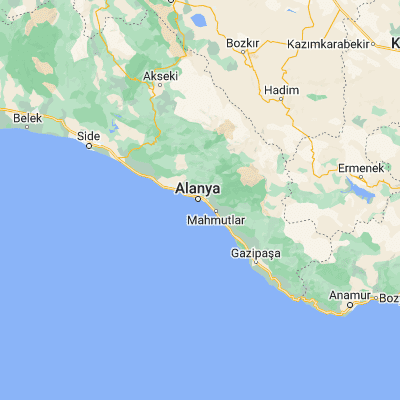 Map showing location of Alanya (36.543750, 31.999820)