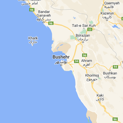 Map showing location of Bandar Būshehr (28.968400, 50.838500)
