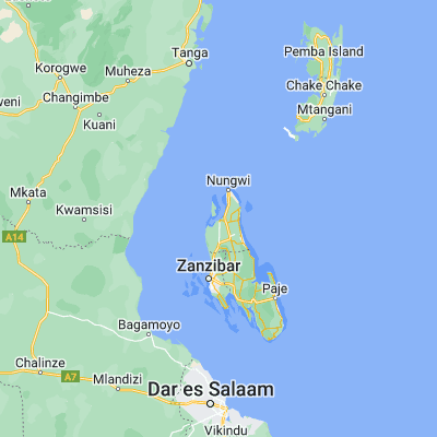 Map showing location of Mkokotoni, Zanzibar (-5.873896, 39.255290)