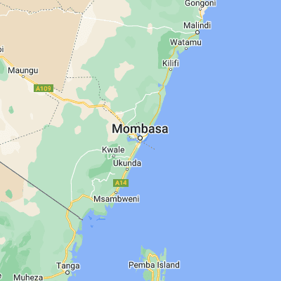 Map showing location of Mombasa (-4.054660, 39.663590)