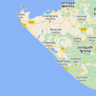 Map showing location of Porbandar (21.642190, 69.609290)