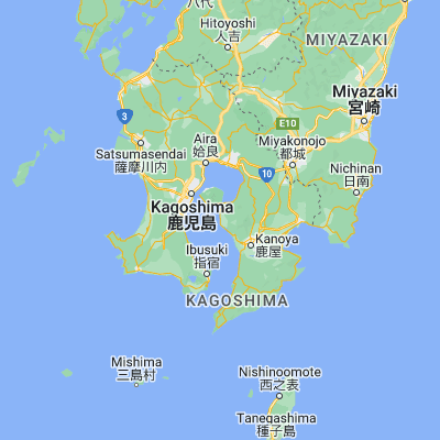 Map showing location of Tarumizu (31.483330, 130.700000)