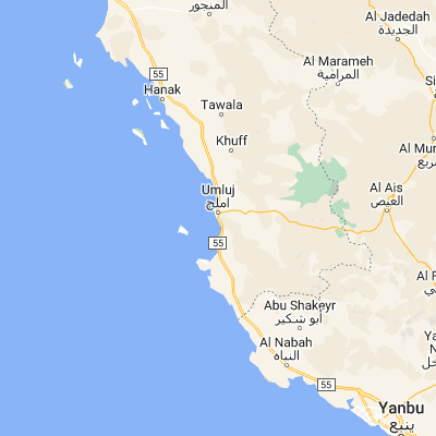Map showing location of Umm Lajj (25.021260, 37.268500)