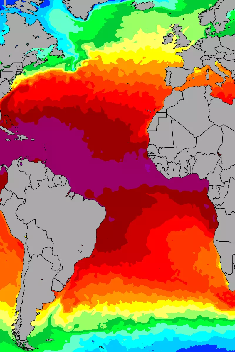 Current Atlantic Ocean sea temperatures heatmap