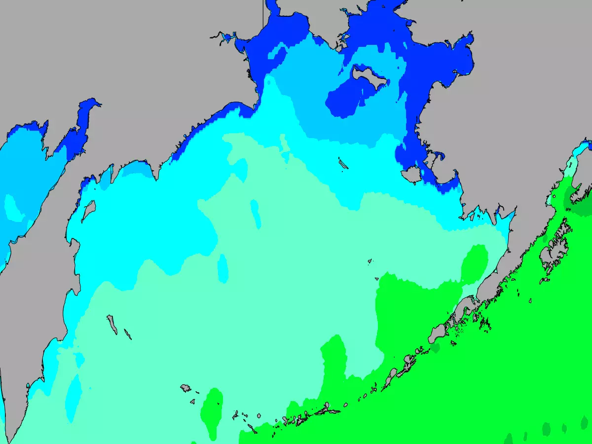 Current Bering Sea sea temperatures heatmap