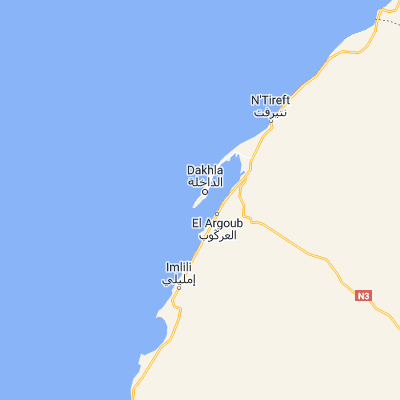 Map showing location of Ad Dakhla (23.684770, -15.957980)