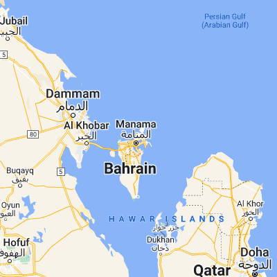 Map showing location of Al Muḩarraq (26.257220, 50.611940)