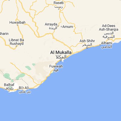 Map showing location of Al Mukallā (14.542480, 49.124240)