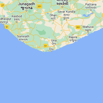 Map showing location of Diu (20.714050, 70.982240)