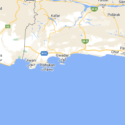 Map showing location of Gwādar (25.121630, 62.325410)
