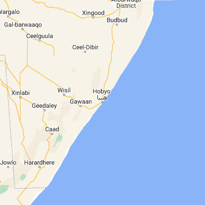 Map showing location of Hobyo (5.350500, 48.526800)