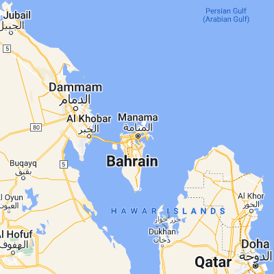 Map showing location of Manama (26.215360, 50.583200)