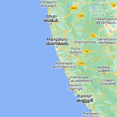 Map showing location of Manjeshwara (12.700000, 74.883330)