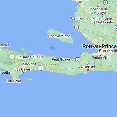 Map showing location of Miragoâne (18.442320, -73.087580)