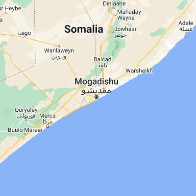 Map showing location of Mogadishu (2.037110, 45.343750)