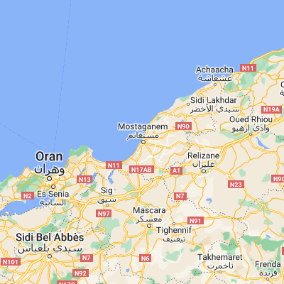Map showing location of Mostaganem (35.931150, 0.089180)