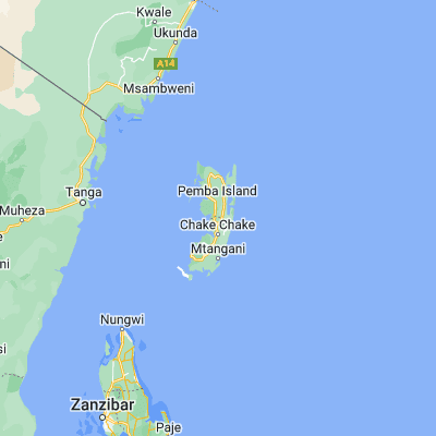 Map showing location of Pemba Island (-5.166667, 39.783333)