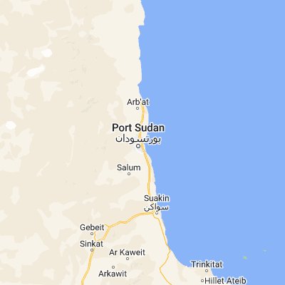 Map showing location of Port Sudan (19.617450, 37.216440)