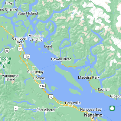 Map showing location of Powell River (49.849620, -124.536120)