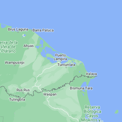 Map showing location of Puerto Lempira (15.266670, -83.766670)