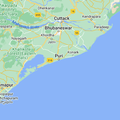 Map showing location of Puri (19.800000, 85.850000)