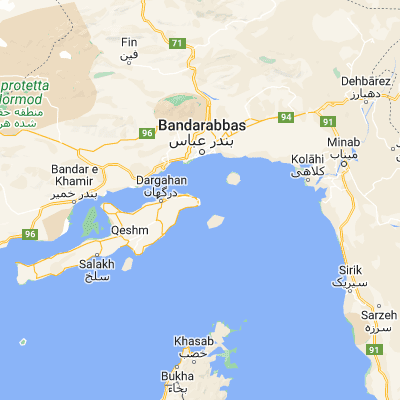 Map showing location of Qeshm (26.958100, 56.271900)