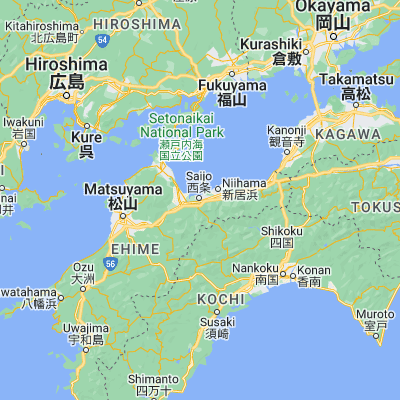 Map showing location of Saijō (33.916670, 133.183330)