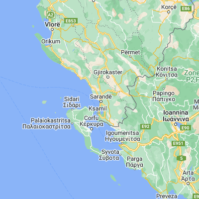 Map showing location of Sarandë (39.875560, 20.005280)