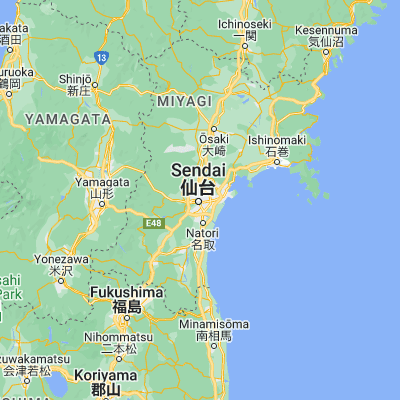 Map showing location of Sendai (38.268890, 140.871940)