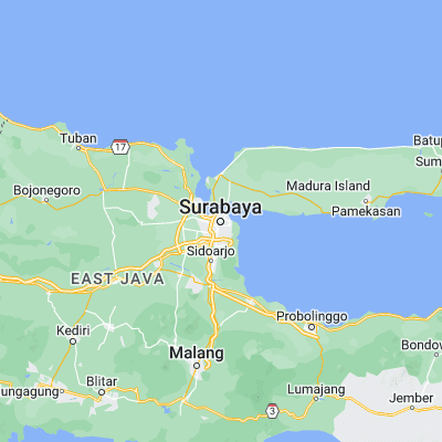 Map showing location of Surabaya (-7.249170, 112.750830)