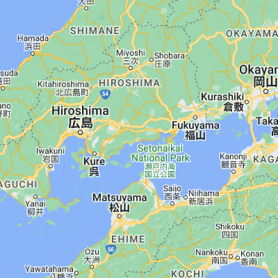 Map showing location of Takehara (34.338330, 132.916670)