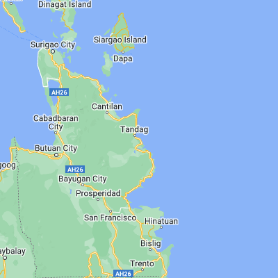 Map showing location of Tandag (9.078330, 126.198610)