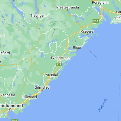 Map showing location of Tvedestrand (58.622030, 8.931470)