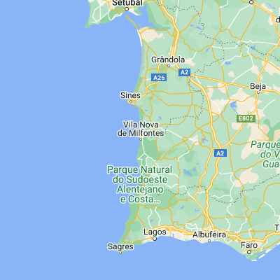 Map showing location of Vila Nova de Milfontes (37.723770, -8.782780)
