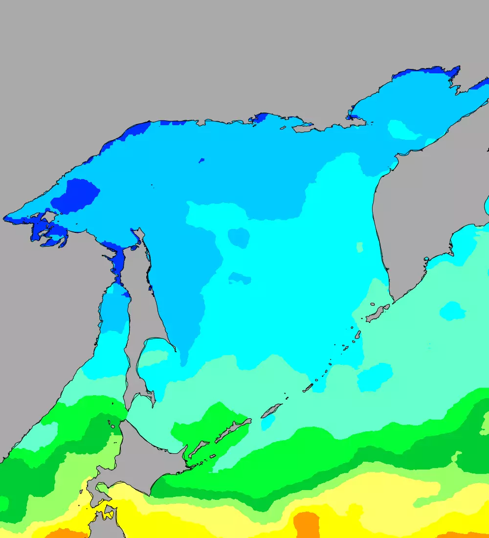 Current Okhotsk Sea sea temperatures heatmap
