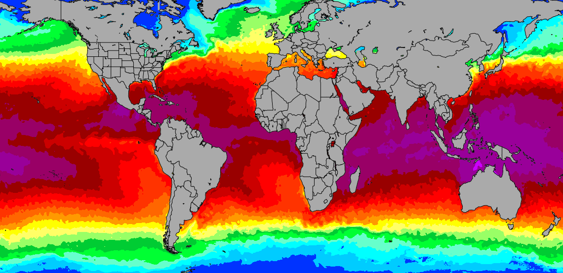 Global water Temperature map 1st Jan 2026