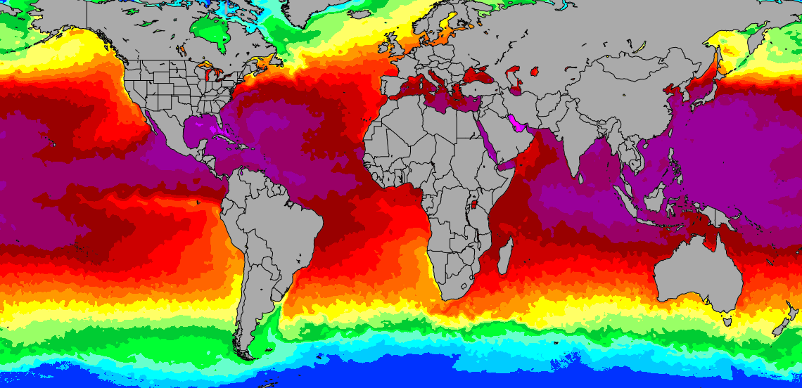 Global water Temperature map 6th Aug 2025